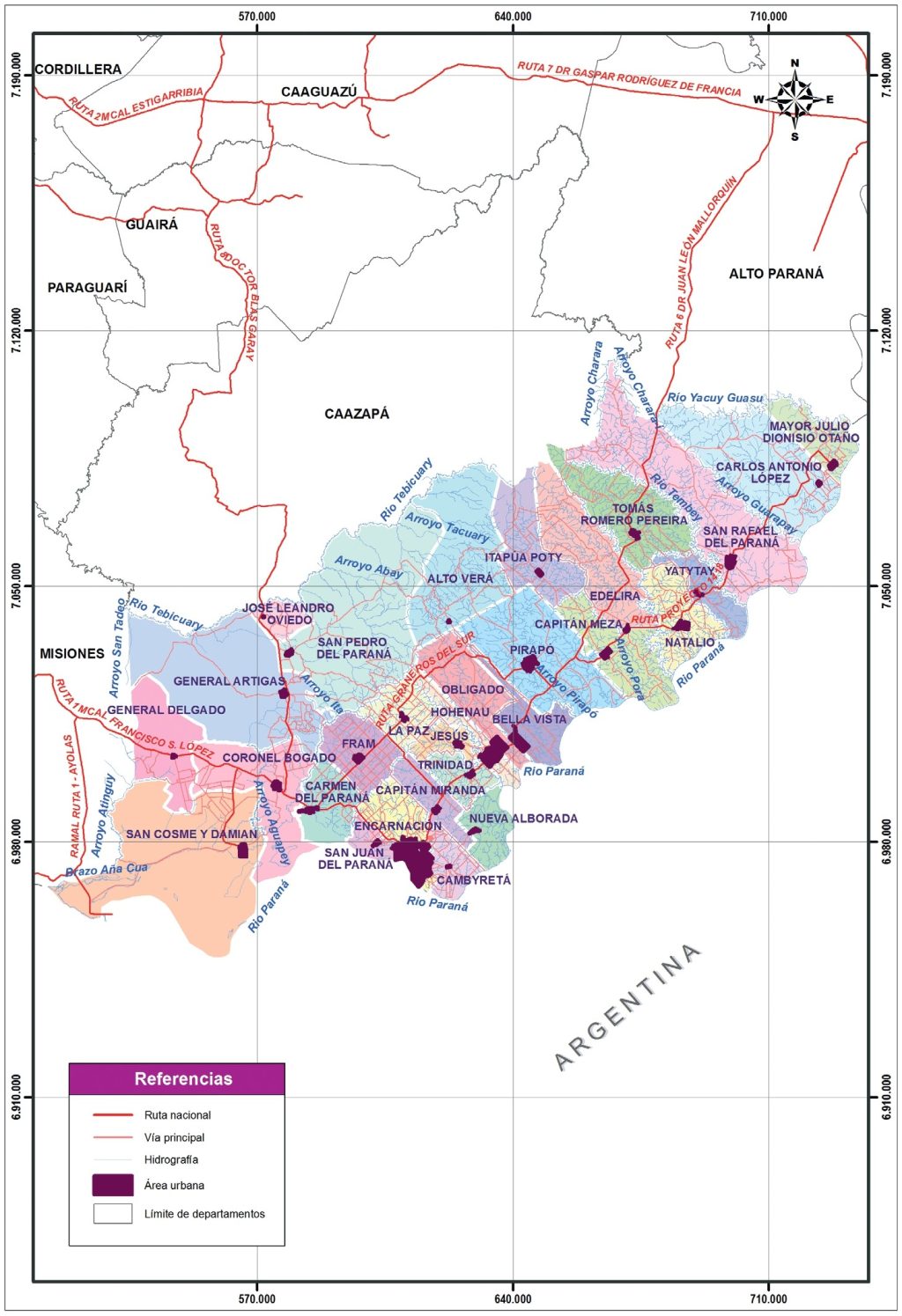 Mapa político del departamento de Itapúa.