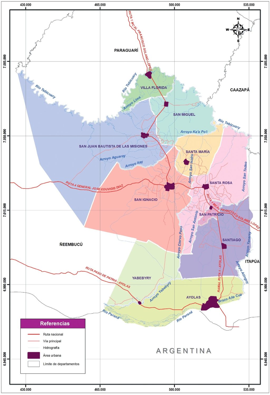 Mapa político del departamento de Misiones (Paraguay).