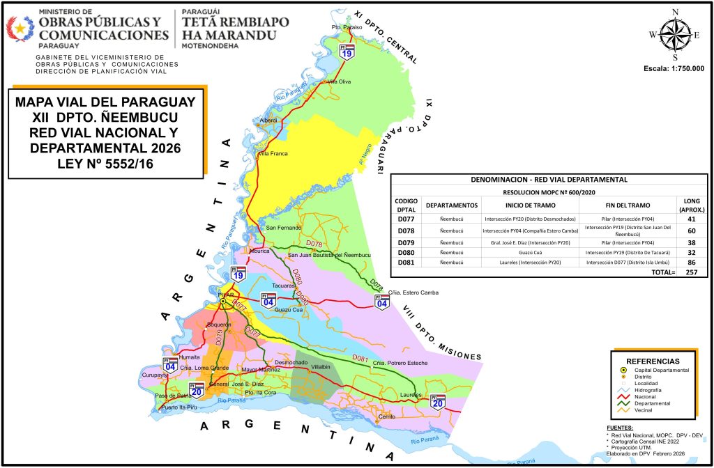 Mapa de carreteras del departamento de Ñeembucú.