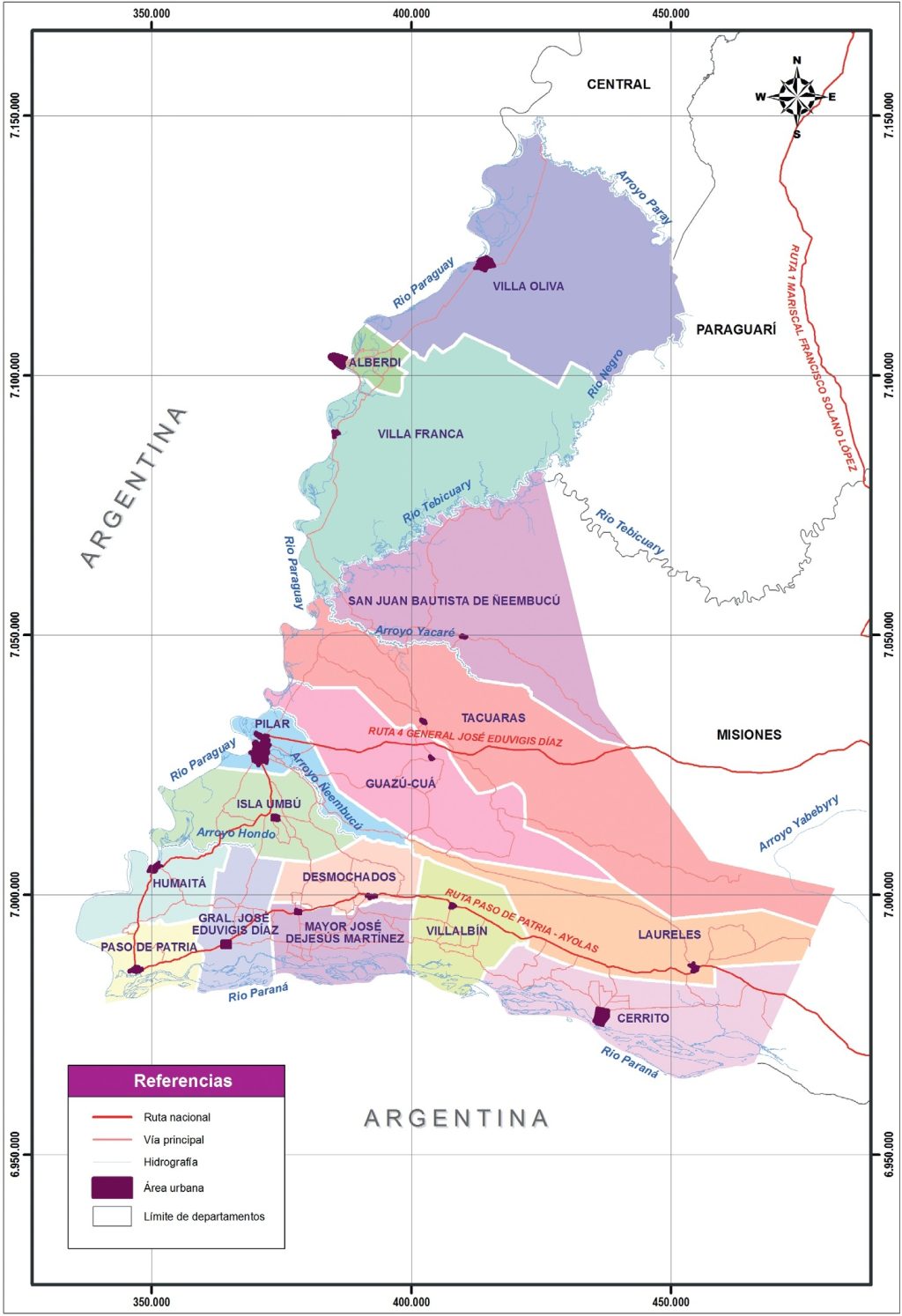 Mapa político del departamento de Ñeembucú.