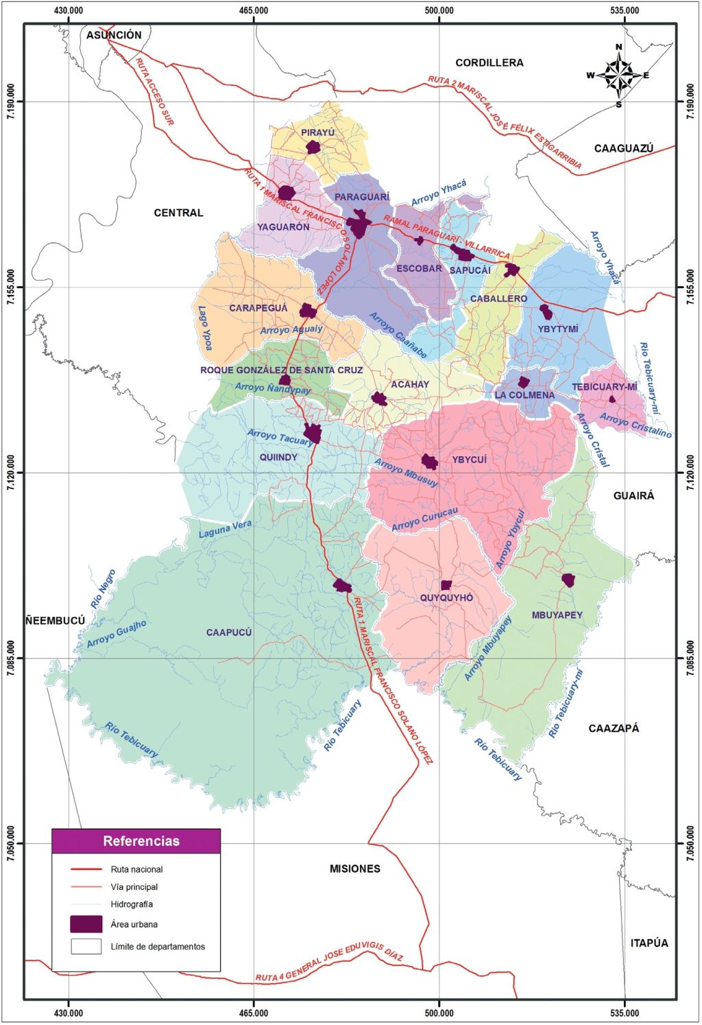 Mapa político del departamento de Paraguarí.