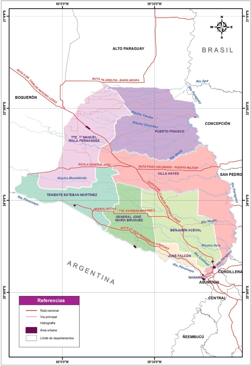 Mapa político del departamento de Presidente Hayes.