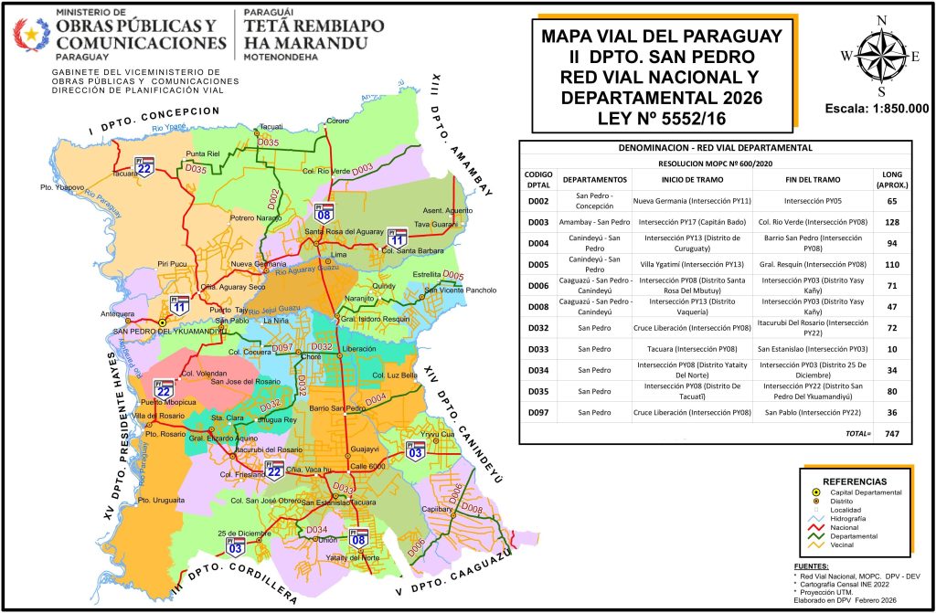 Mapa de carreteras del departamento de San Pedro (Paraguay).