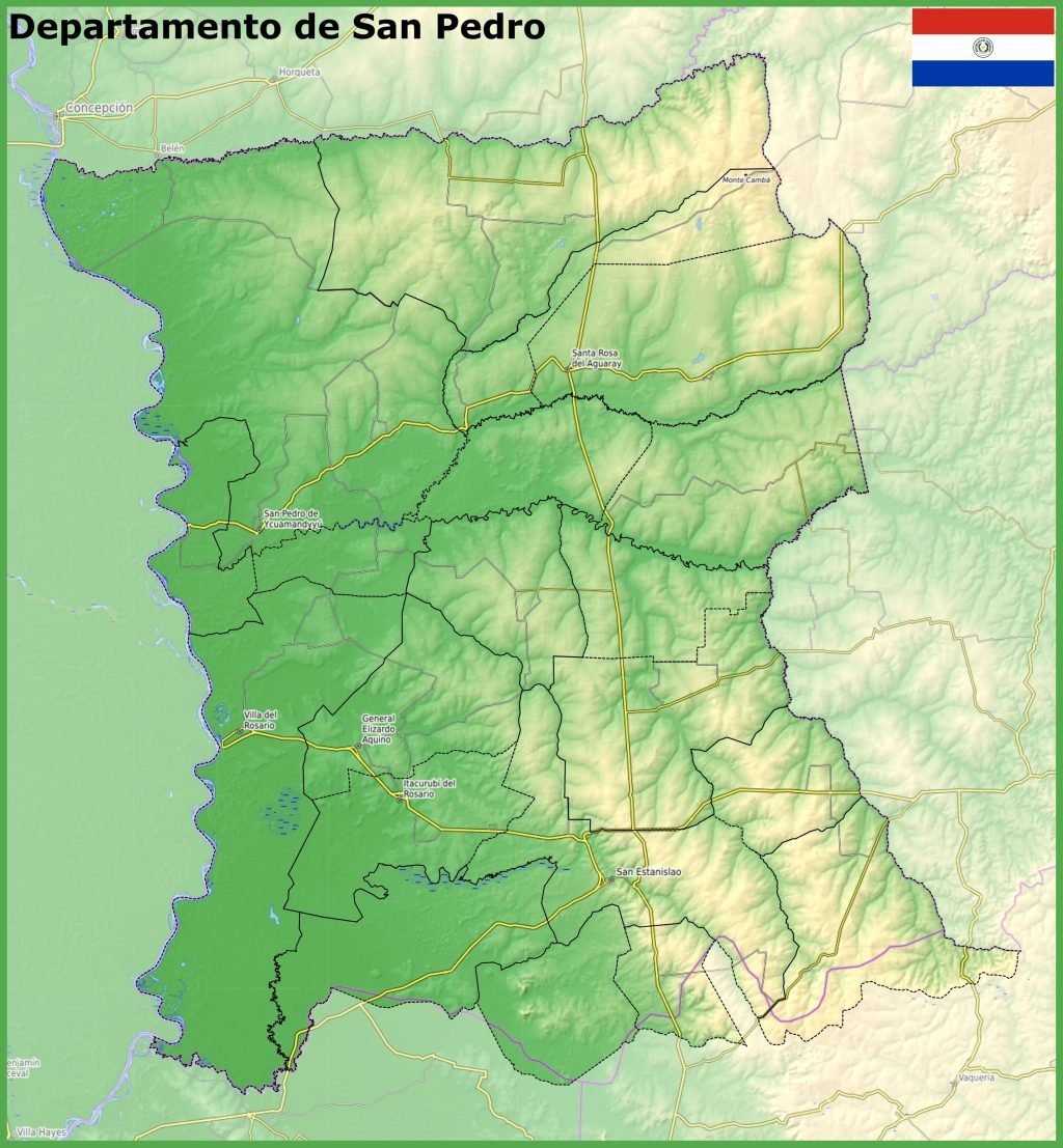 Mapa físico del departamento de San Pedro (Paraguay).