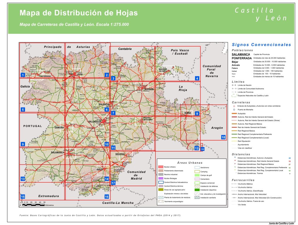Distribución de hojas del mapa de carreteras de Castilla y León.