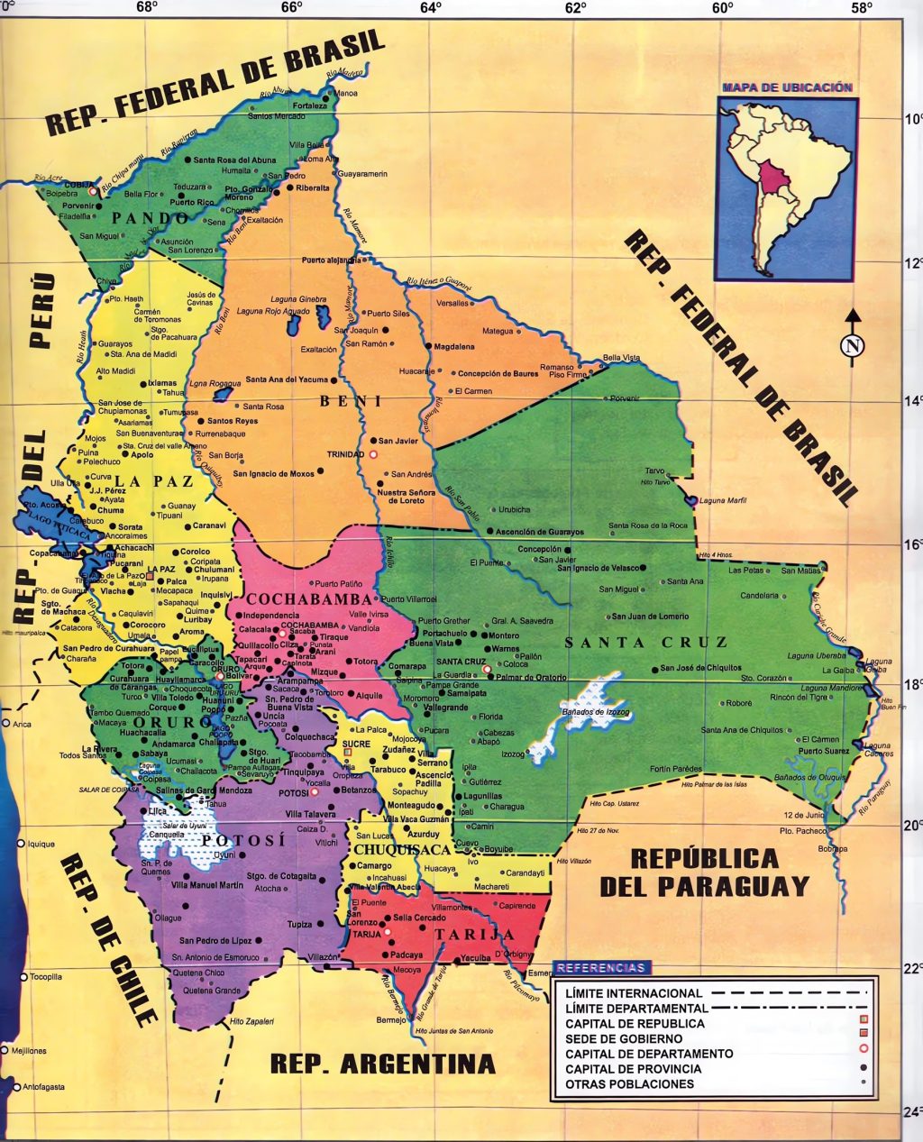 Mapa de los departamentos de Bolivia.
