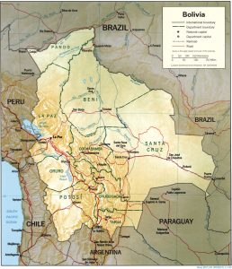 Mapa de relieve sombreado de Bolivia.