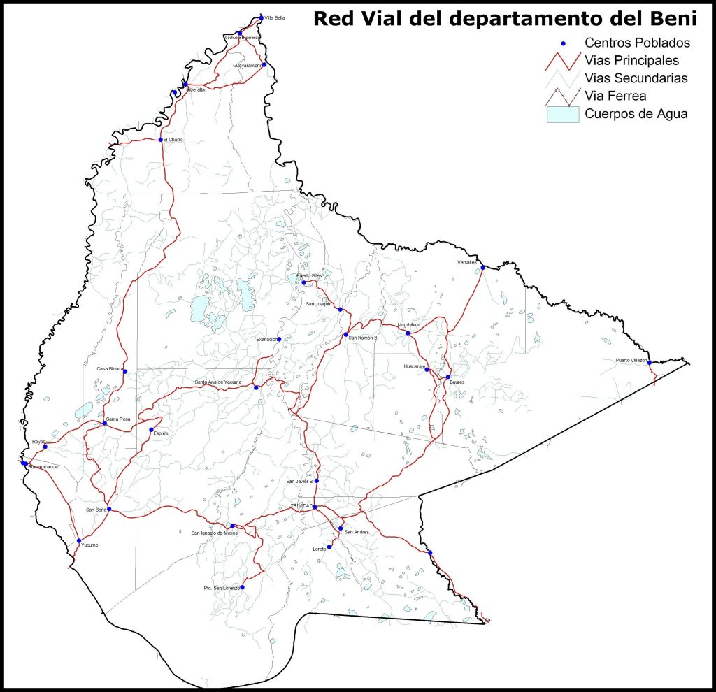 Mapa de carreteras del departamento del Beni.