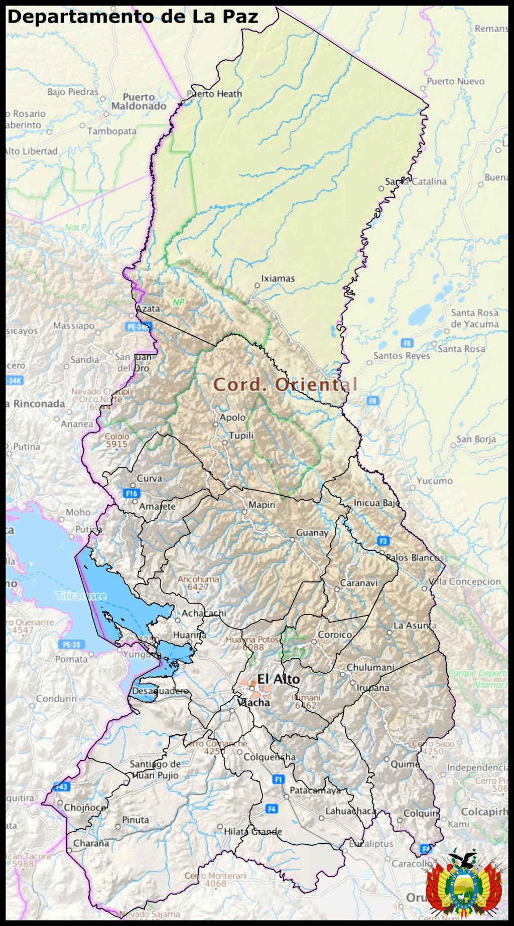 Mapa del departamento de La Paz (Bolivia).