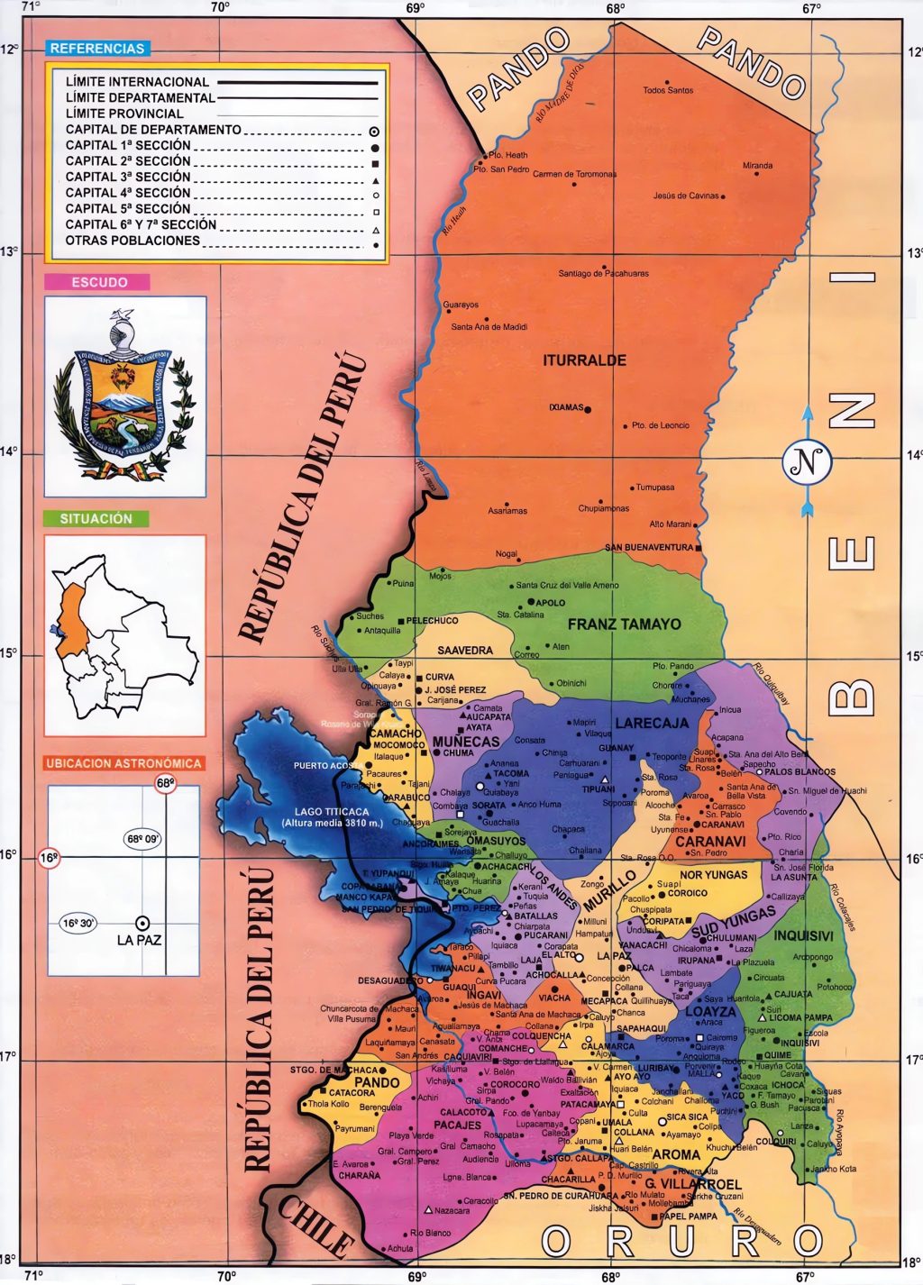 Mapa político del departamento de La Paz (Bolivia).