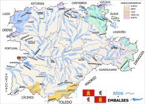 Mapa de ríos y embalses de Castilla y León.