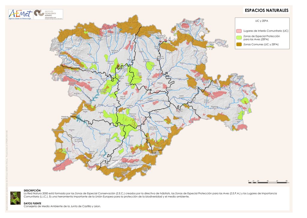 Mapa de los espacios naturales de Castilla y León.