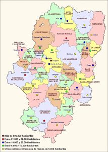 Centros urbanos comarcales de Aragón.