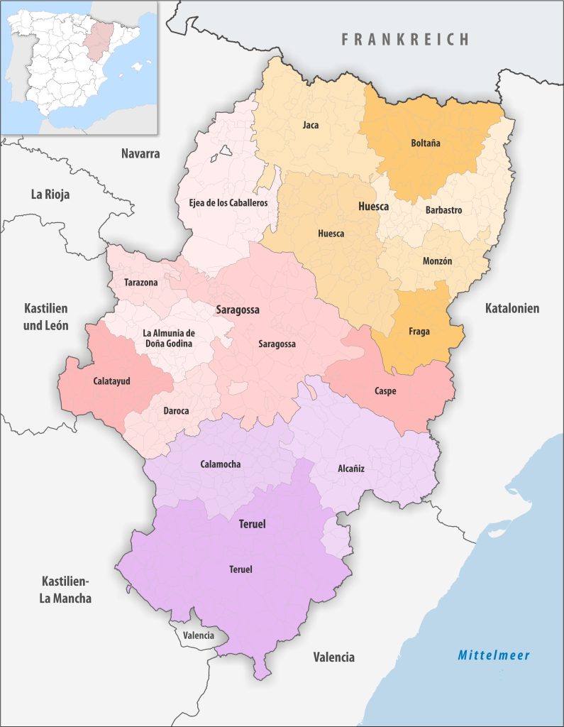 Mapa de los partidos judiciales de Aragón.