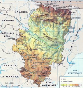 Mapa físico de la Comunidad Autónoma de Aragón.