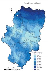 Mapa de la precipitación total anual en Aragón.