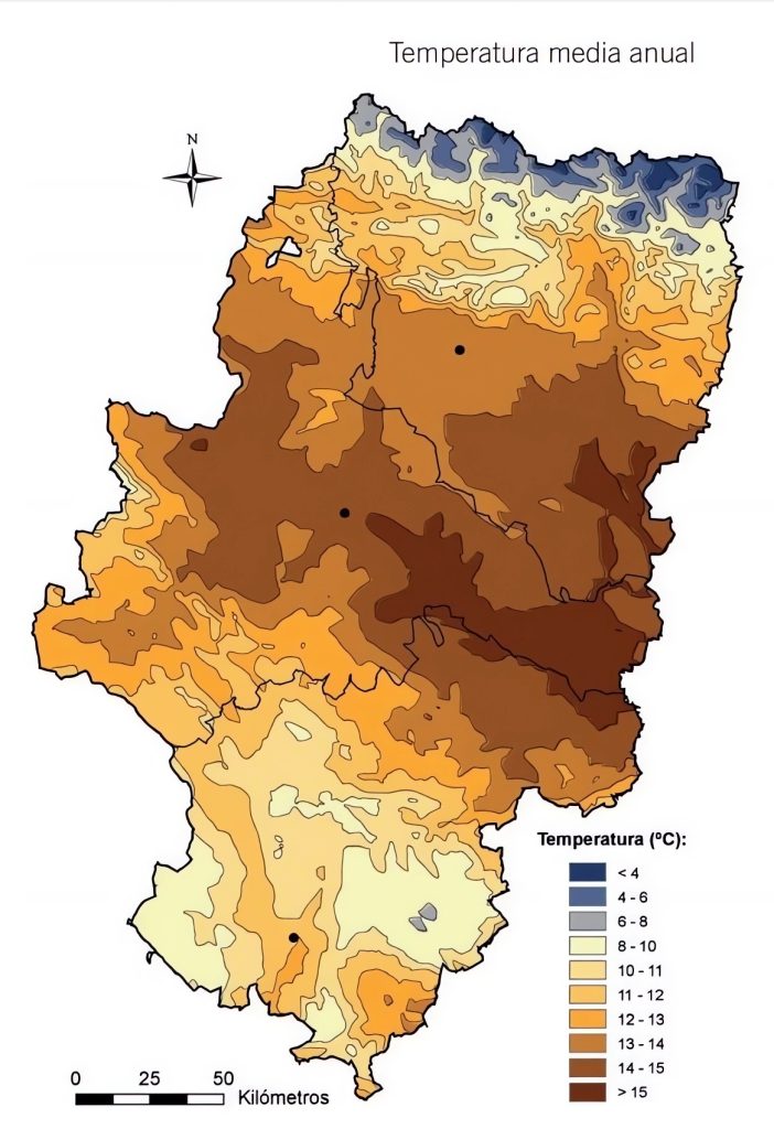 Mapa de la temperatura media anual de Aragón.