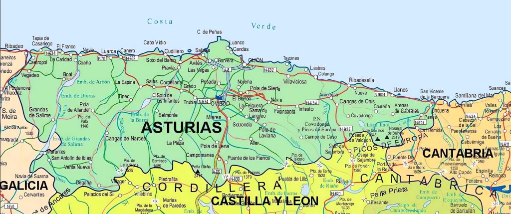 Mapa de las principales ciudades de Asturias.