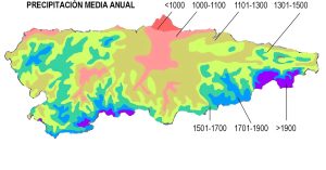Mapa de precipitación media anual en Asturias.