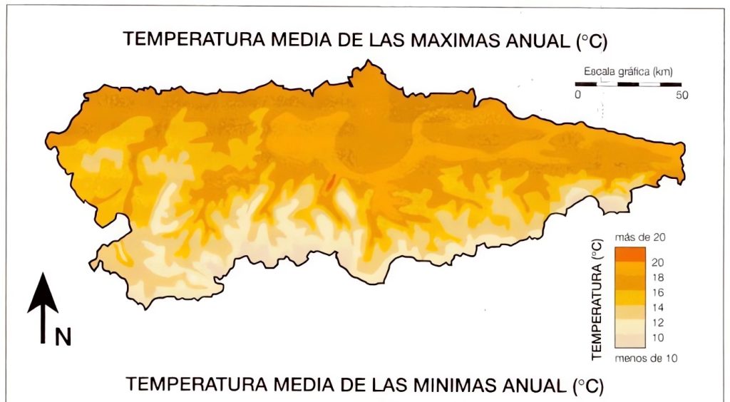 Mapa de temperaturas máximas anuales medias en Asturias.