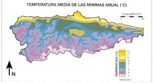 Mapa de temperaturas mínimas medias anuales en Asturias.
