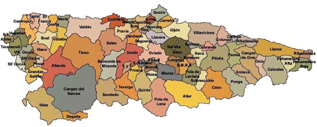 Mapa de los concejos de Asturias.