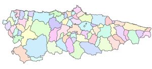 Mapa mudo de los concejos (municipios) de Asturias.