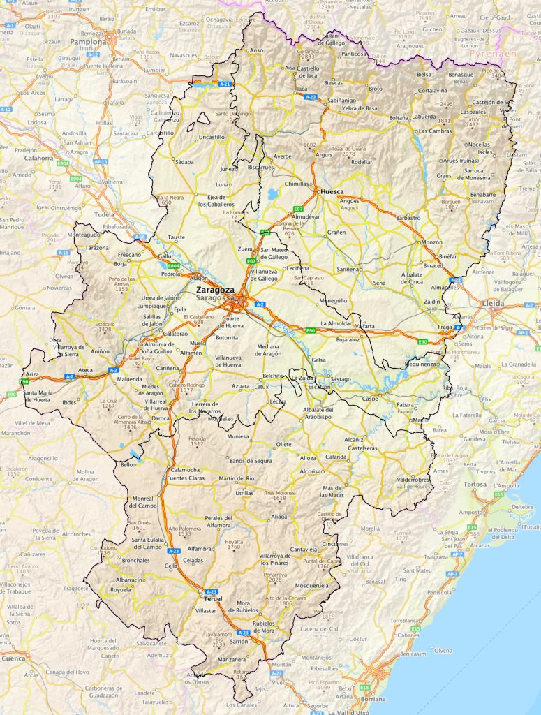 Mapa de las principales carreteras de Aragón.