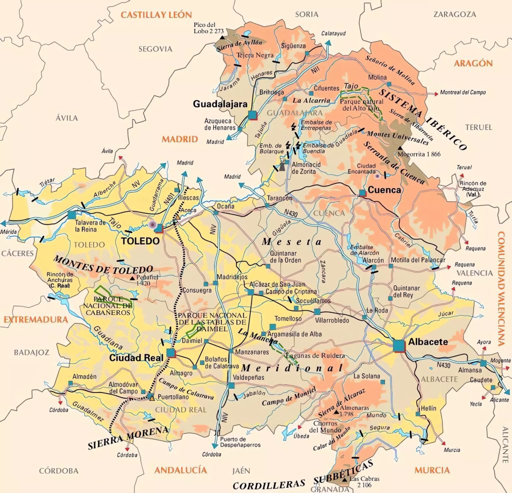 Mapa físico de Castilla-La Mancha.