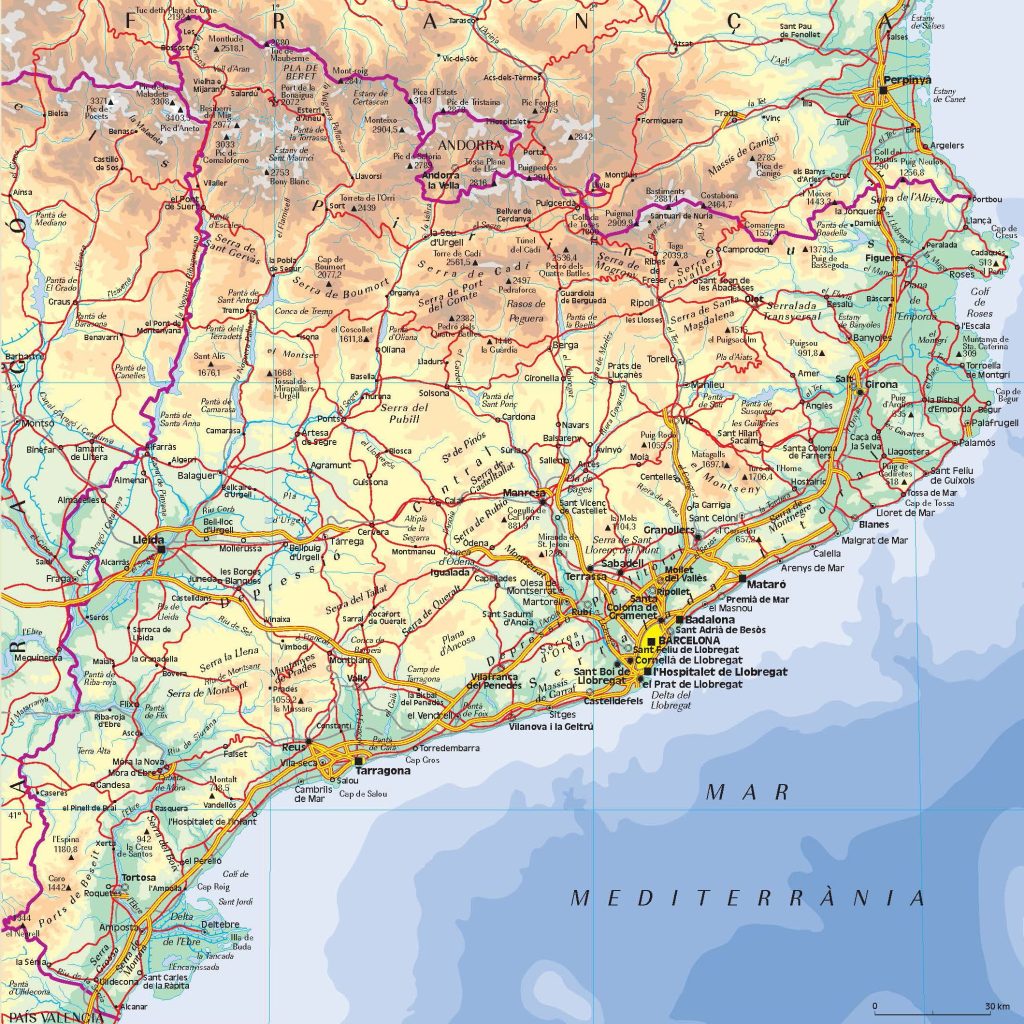 Mapa físico de Cataluña.