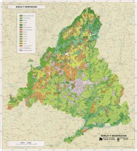 Mapa de la distribución geográfica del suelo y vegetación de la Comunidad de Madrid.