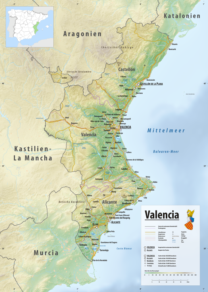 Mapa físico de la Comunidad Valenciana.