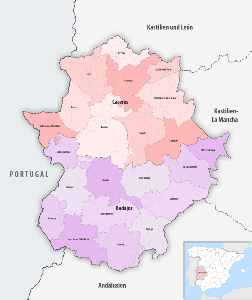 Mapa de las comarcas de Extremadura.