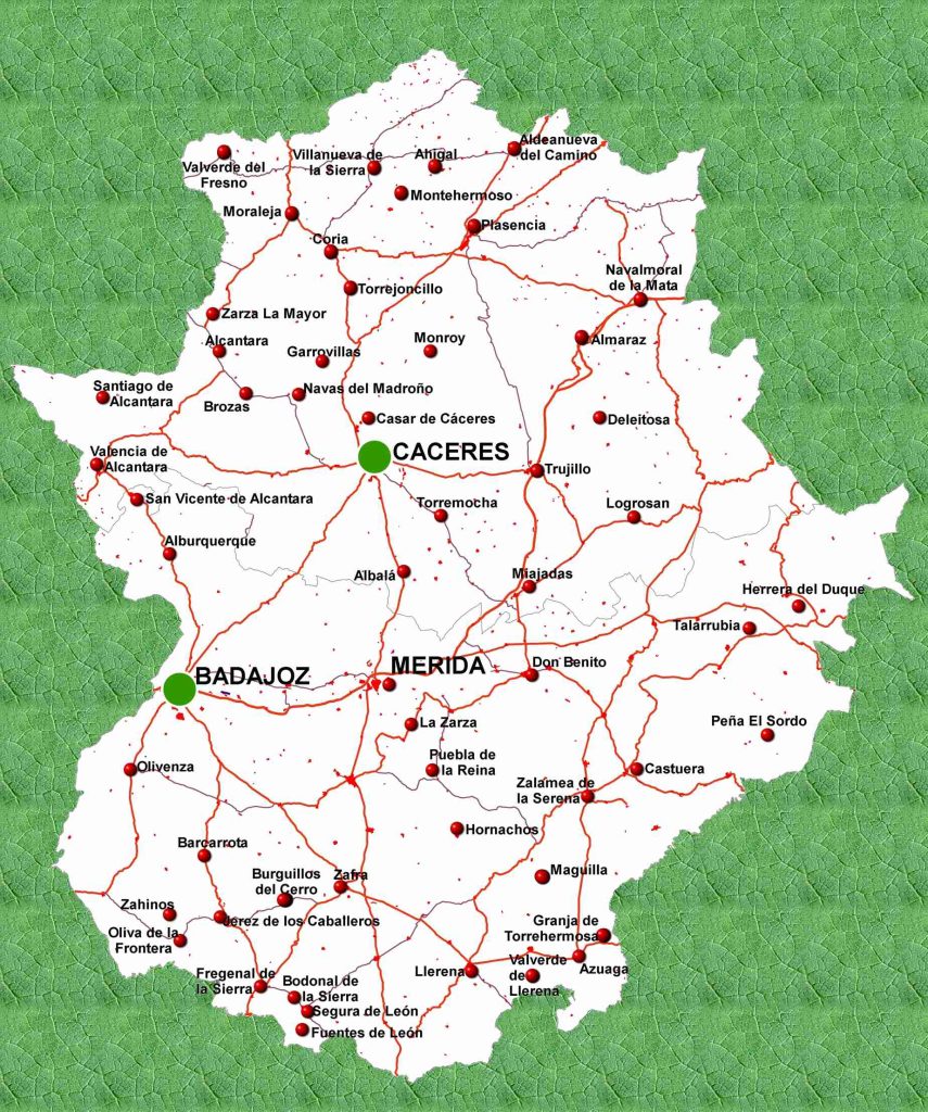 Mapa de las principales ciudades de Extremadura.