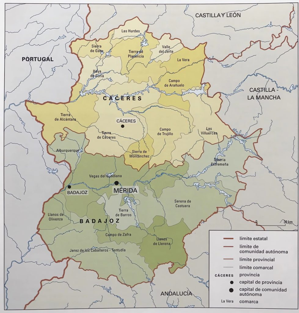 Mapa de las provincias de Extremadura.