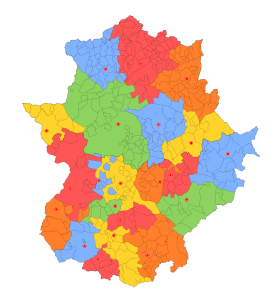 Mapa mudo de los partidos judiciales de Extremadura.