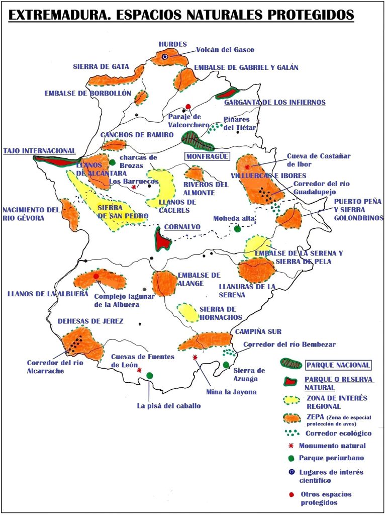 Mapa de los espacios naturales protegidos de Extremadura.