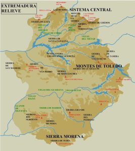 Mapa en relieve de Extremadura.