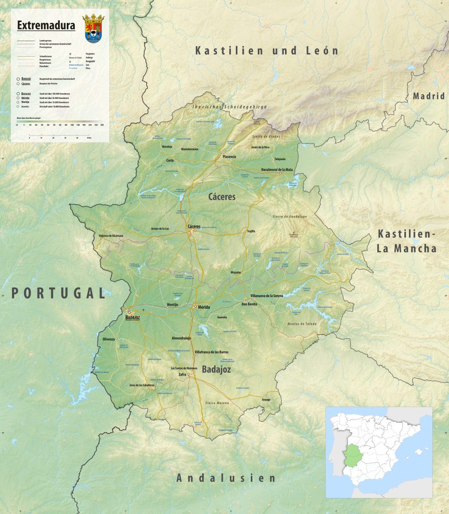 Mapa físico de Extremadura.