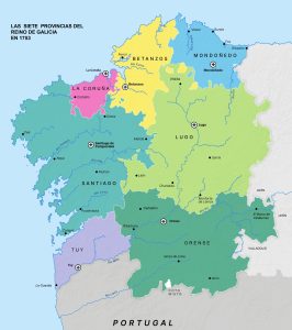 Mapa de Galicia dividida en 7 provincias en 1753.