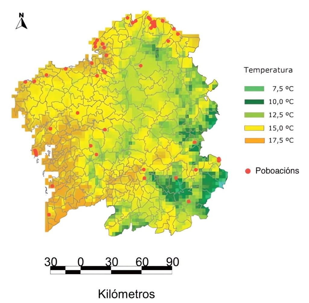 Mapa de temperaturas medias anuales en Galicia.