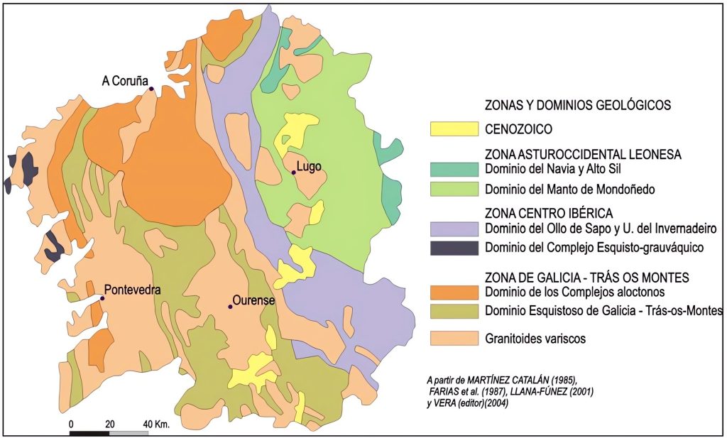 Mapa de zonas y dominios geológicos de Galicia.