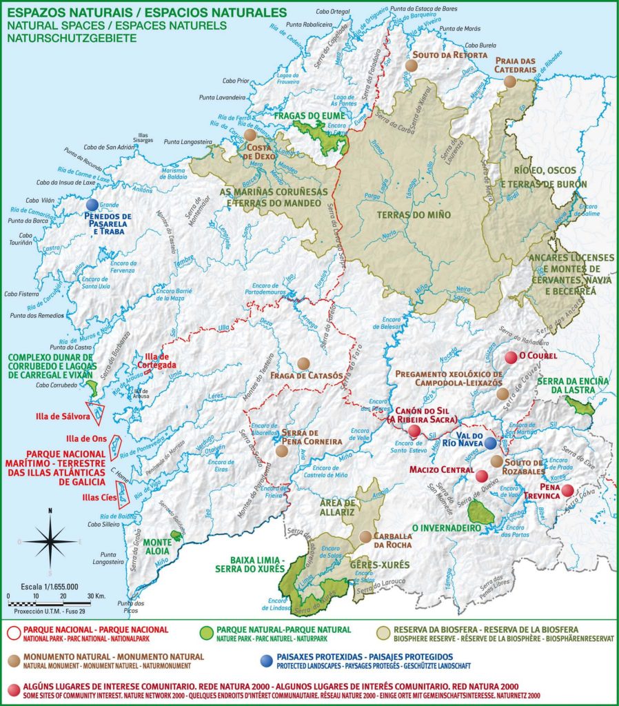 Mapa de los espacios naturales protegidos de Galicia.