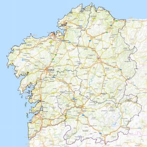 Mapa en relieve de la comunidad autónoma de Galicia.