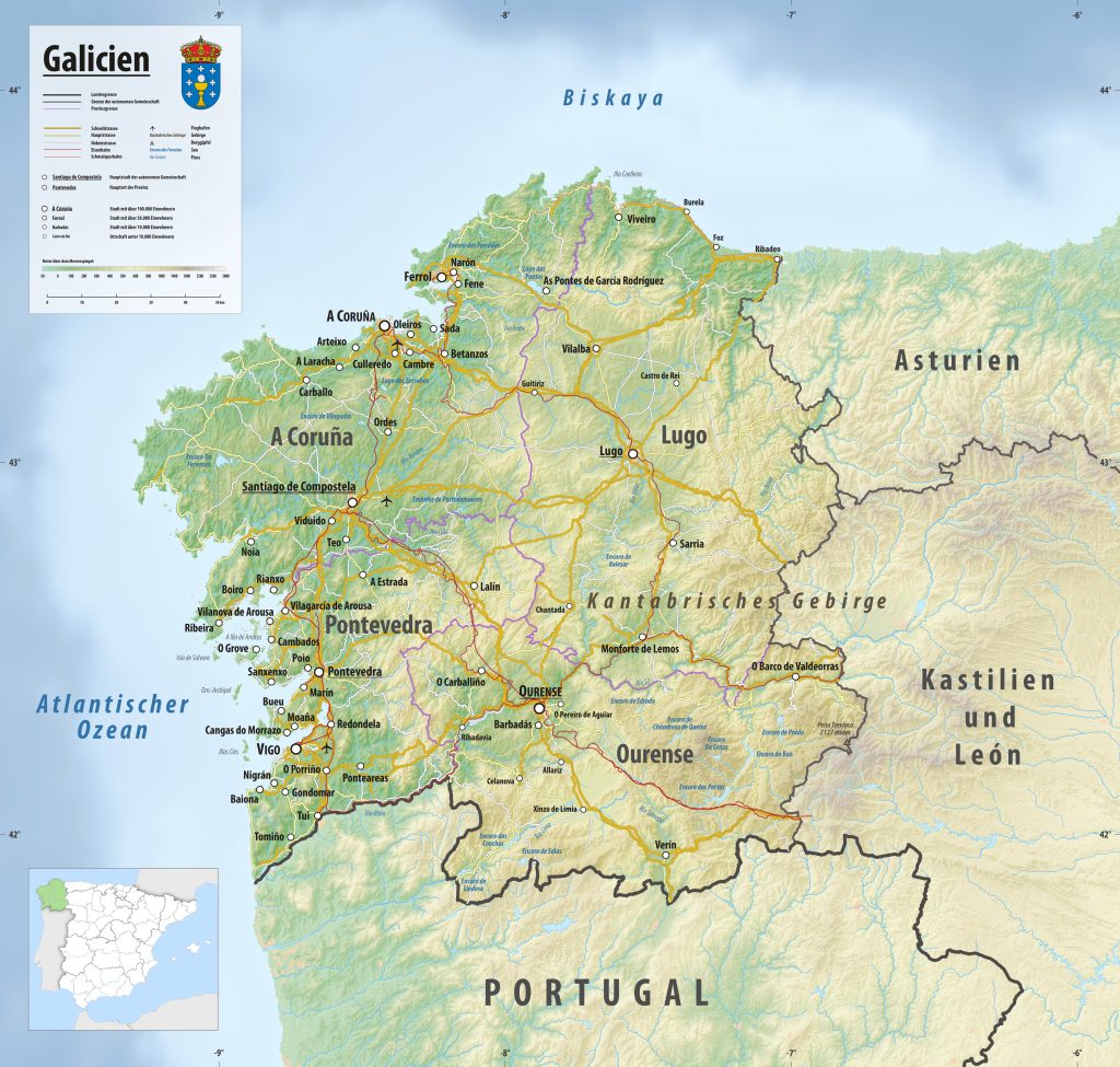Mapa físico de Galicia.