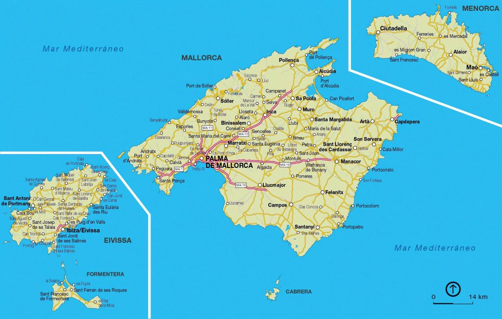 Mapa de las principales ciudades de las Islas Baleares.