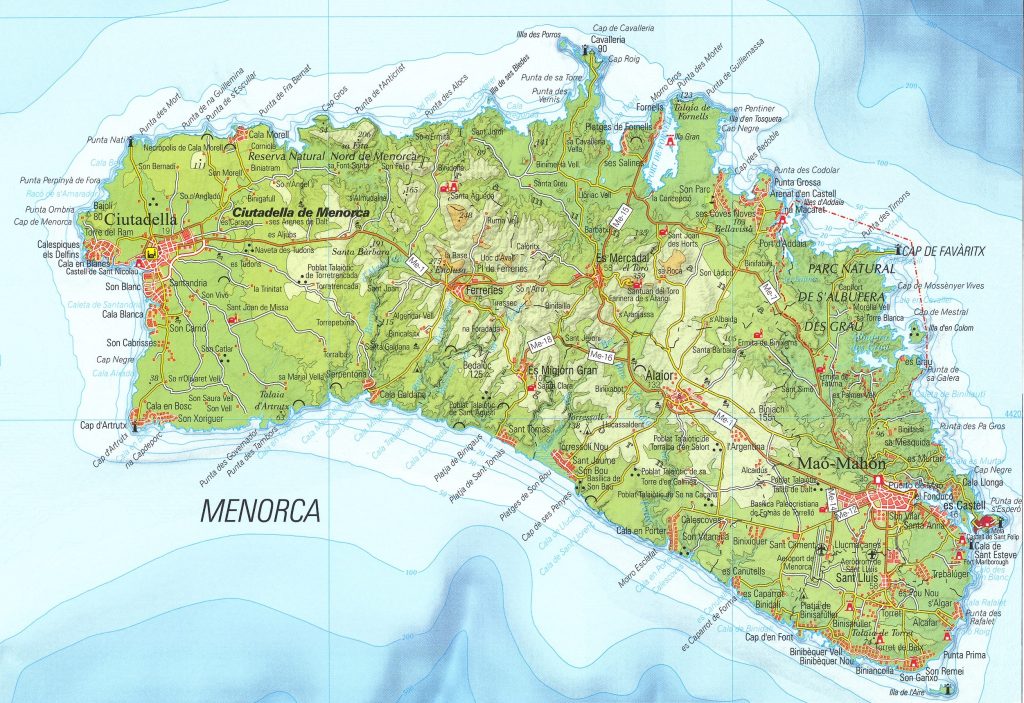 Mapa de la isla de Menorca.