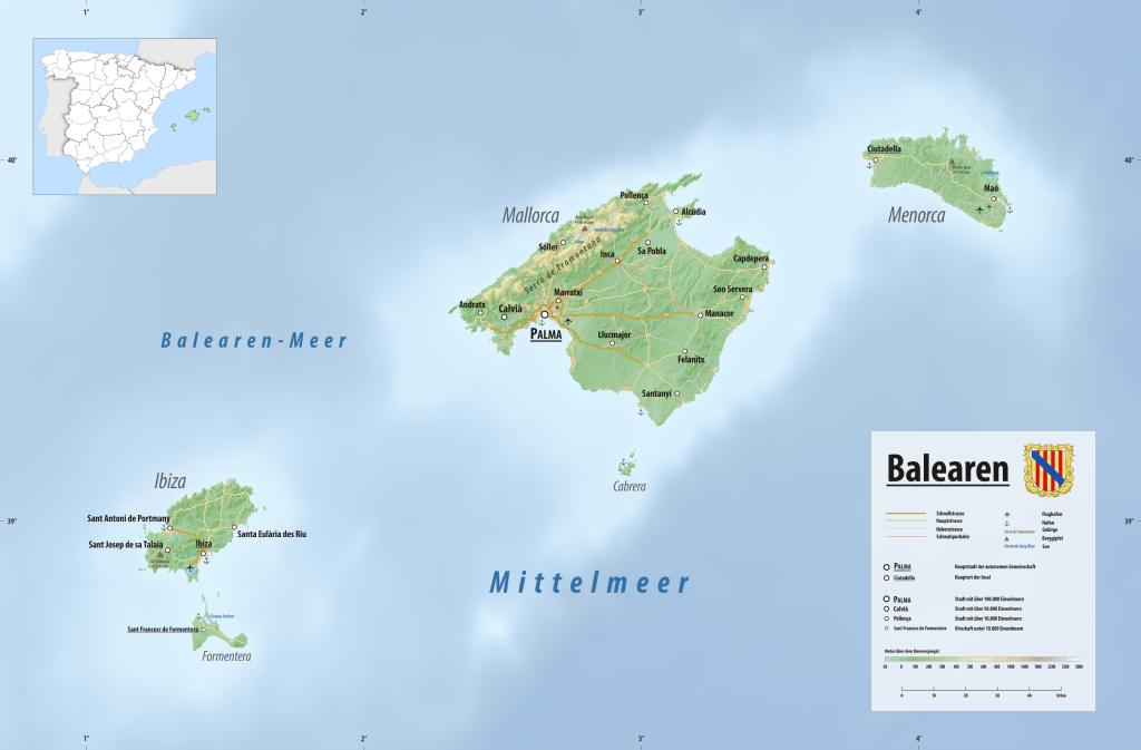 Mapa físico de las Islas Baleares.