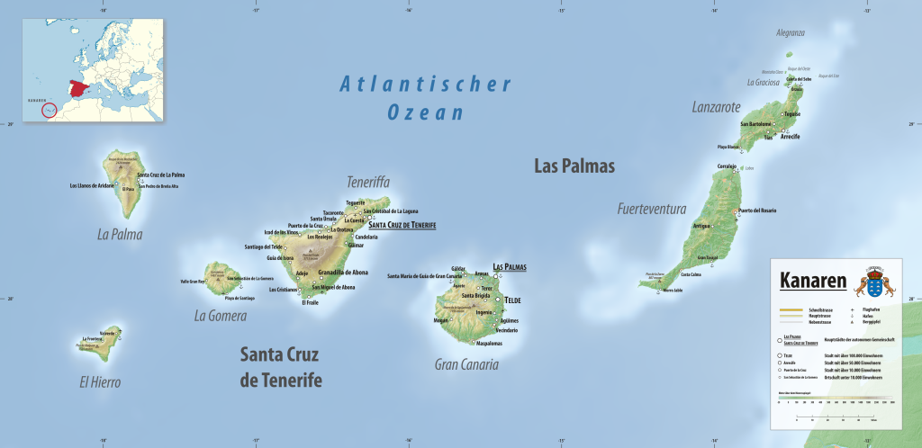 Mapa físico de Canarias.