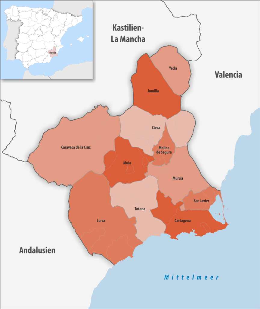 Mapa de los partidos judiciales de la Región de Murcia.
